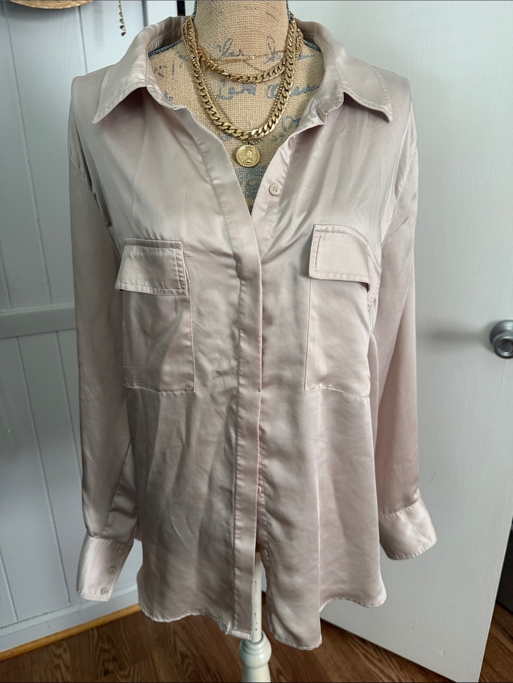 H&M Pale Blush Satin Button-Up Blouse